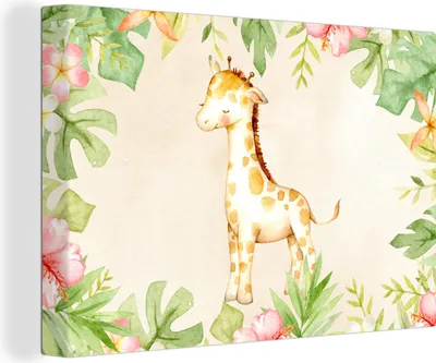 Zdjęcie produktu dla OneMillionCanvasses® - Obrazy na płótnie - 140x90 cm, Żyrafa - Akwarela - Kwiaty - Dżungla, Dekoracja ścienna z nadrukiem