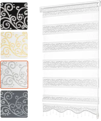 Produktbild von Doppelrollo Klemmfix ohne Bohren mit Perlen mit Volant Jalousien Gardinen Blumen Ranken Muster Weiß Silber 60 x 200 cm (Stoffbreite 56cm)