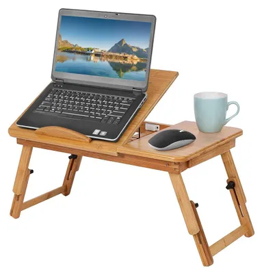 Image de Omgoods - Table d'ordinateur portable en bambou - Réglable, pliable et avec tiroir