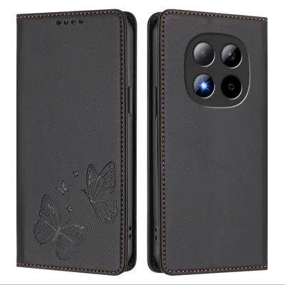 Image de Étui en cuir pour Xiaomi Redmi Note 15 Pro 5G, étui de protection type portefeuille en cuir gaufré « papillon » avec support, noir