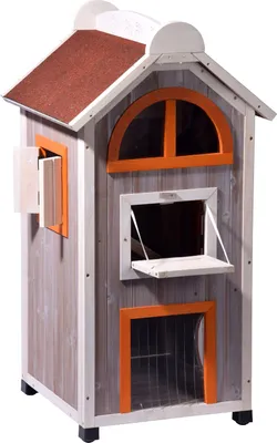 Immagine prodotto di Grande casa per gatti "Fancy Cat" in legno, adatta sia per interni che per esterni, con torretta a 6 aperture e amaca, dimensioni 58 x 55 x 109 cm, colore grigio, rosso e arancione