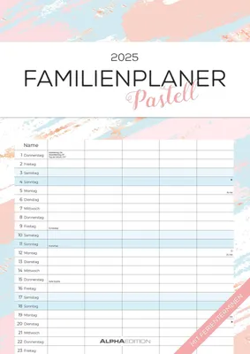 Produktbild von Familienplaner Pastell 2025 - Familienkalender A3 (29,7x42 cm) - mit 5 Spalten, Ferienterminen (DE/AT/CH) und viel Platz für Notizen - Wandkalender