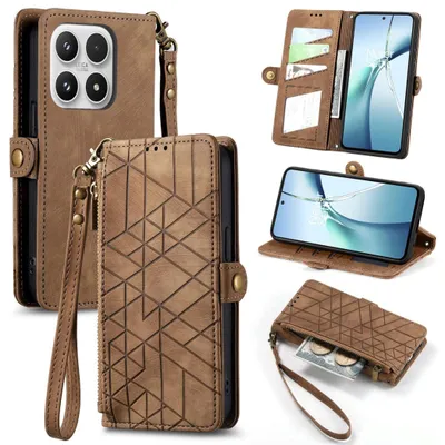 Obrázek produktu pro Pouzdro na mobilní telefon typu peněženka s klopou pro Xiaomi 17, geometrický vzor, umělá kůže, zip, hnědé