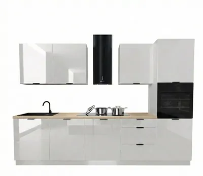 Obrázek produktu pro Kuchyňská linka 300 cm - Bílý lesk - s béžovou pracovní deskou - s vysokou skříní - tiché dovírání Soft-Close - Moderní sestava - DENIS