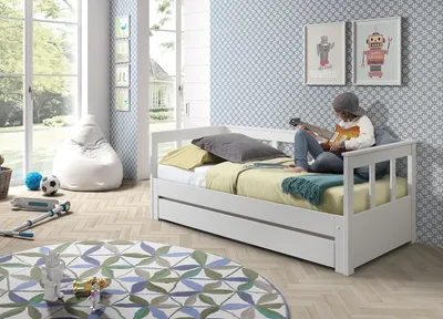 Produktbild von Vipack Funktionsbett, Kiefer massiv, Weiß, Liegefläche 90x200 cm (ausziehbar auf 180x200 cm), Stellfläche 209x80x100/190cm (BxHxT), inkl. Bettschublade, Landhausoptik, als Einzelbett oder Sofa nutzbar, inkl. Lattenrost