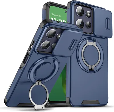 Produktbild von Handyhülle für Motorola Moto G Power 2025/Moto G Play 2025 Dual-Layer Stoßfest Militär Hülle mit Dia Kameraschutz und Magnetisch Ring Ständer Blau