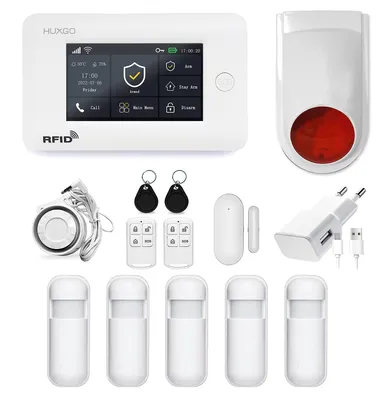 Immagine prodotto di HUXGO HXA006 Sistema di allarme wireless con 5 rilevatori di movimento + sirena wireless aggiuntiva, Due moduli: WLAN + GSM TUYA Applicazione intelligente Notifiche via SMS Controllo via telefono Lingua TEDESCO