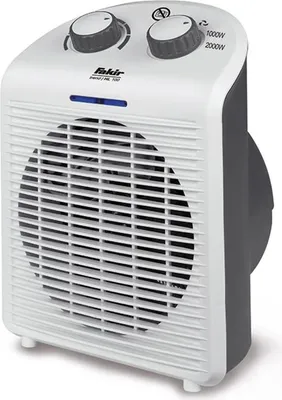 A white and gray portable electric fan heater.