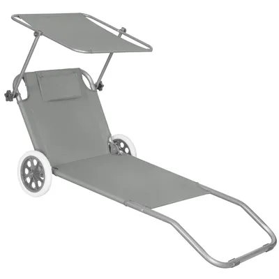 A gray beach lounger with wheels and a sunshade is shown against a white background.