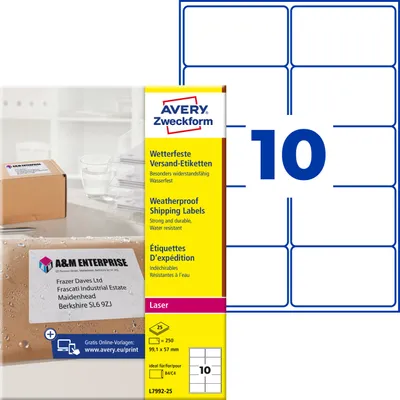 Produktbild von Avery Zweckform L7992-25, Versand-Etiketten, A4, 99,1 x 57 mm, 250 Etiketten / 25 Bögen, weiß