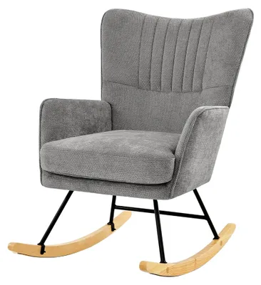 Produktbild von Schaukelstuhl aus Chenille mit dickem Sitzkissen, Polstersessel mit Armlehnen und Holzkufen, Bequemer Relaxstuhl für das Wohnzimmer, Grau