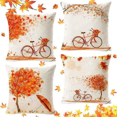 Produktbild von Unyqoos® 4er-Set Leinen-Kissenhüllen 45 x 45 cm, Herbst-Ahornblatt-Dekor, dekorative Kissenbezüge mit unsichtbarem Reißverschluss – Wohnzimmer, Schlafzimmer, Büro