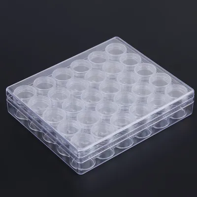 Zdjęcie produktu dla Pojemniki na koraliki – zestaw 30 sztuk, zawierający przezroczyste plastikowe pojemniki i pojemnik do sortowania