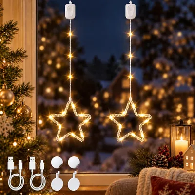 LED-Kerzstern Fensterbeleuchtung, 2er-Set, warmweiß, aufladbar