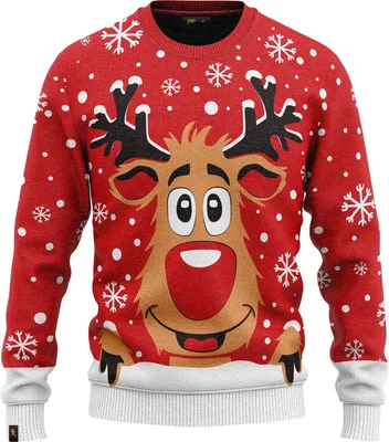 Zdjęcie produktu dla JAP Christmas Brzydki sweter świąteczny Renifer Rudolf - 100% z recyklingu - Uni  damski i męski - Czerwony - Rozmiar L