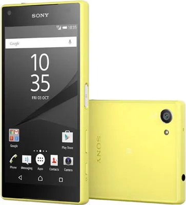 A yellow Sony Xperia Z5 Compact smartphone is shown from the front and back.