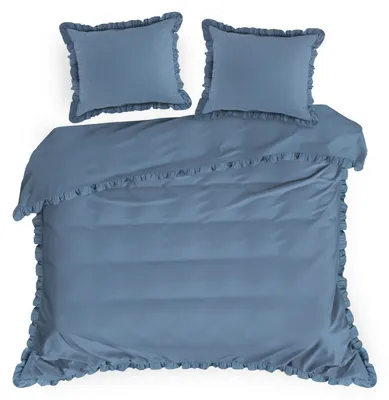 Zdjęcie produktu dla Pościel bawełniana z falbanką 160x200 + 2x70x80 niebieska