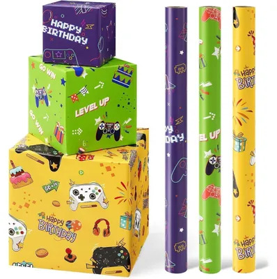 Produktbild von Geschenkpapier 3 Rollen Gaming Motiv Kinder Junge Grün 43 cm x 3 m mit Schnittlinien