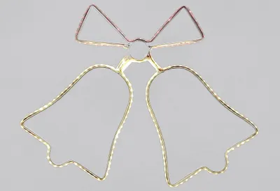 A decorative wireframe ornament shaped like two bells with a bow on top, illuminated by small LED lights.