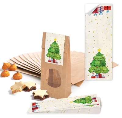 Produktbild von Logbuch-Verlag 100 braune Weihnachtstüten m. Fenster u. Folieneinlage + Weihnachtsaufkleber Weihnachtsplätzchen lebensmittelechte Verpackung Gebäck Pralinen Tee Kaffee"Frohes Fest" Mistelzweige / 100 Stück