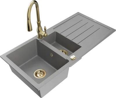 Produktbild von Mexen Andres 1,5-Becken-Granitspüle mit Abtropffläche und Mischbatterie Savita, Grau - 6515-71-672601-50