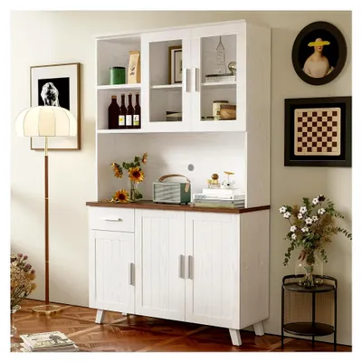 Produktbild von Sideboard mit weißer Holzmaserung, Hochschrank 114 x 40 x 190 cm, geeignet für Wohnzimmer und Esszimmer