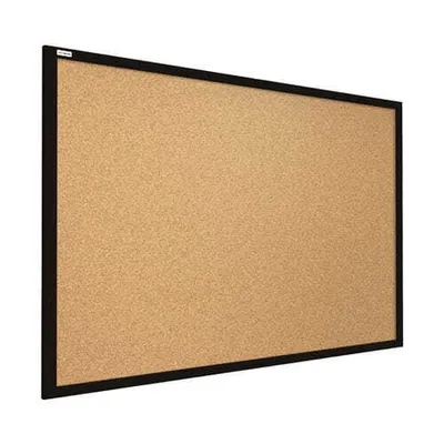 A cork bulletin board with a black frame, shown from a slight angle against a white background.
