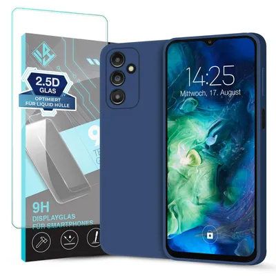 Produktbild von Hülle für Samsung Galaxy A14 5G mit 9H Displayglas Displayschutz Case Cover Bumper Smartphone Softgrip Schutzhülle Farbe: Blau