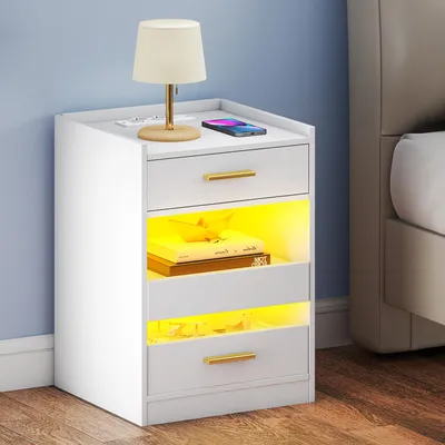 Produktbild von BALCONERA Nachttisch mit LED-Lichtern und Ladestation, Beistelltisch mit 3 Schubladen, Weiß, 40 x 40 x 60 cm