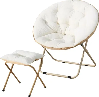 Image de Chaise de camping pliable Fauteuil de camping avec tabouret de pied, Moonchair pliable Intérieur & Extérieur Chaise rembourrée ronde Soucoupe pour chambre, salon, résidence,Blanc