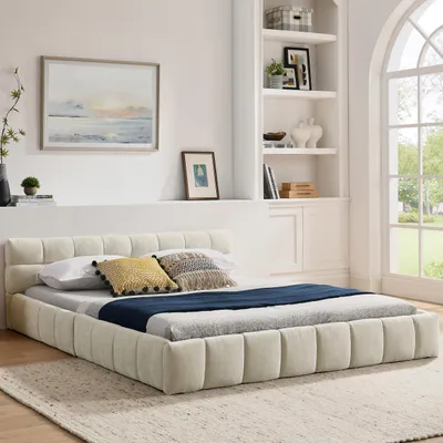 Produktbild von Doppelbett 160*200 cm, Bett mit seidig weichem Chenille - Bezug, quadratischem Steppdesign, aus ökologischem Eukalyptusholz und stabilem Eisenrahmen, einfache Montage, Beige (ohne Matratze)