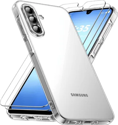 A clear protective case and screen protectors for a Samsung Galaxy A15 5G phone.
