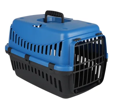 A blue and black pet carrier is shown against a white background.