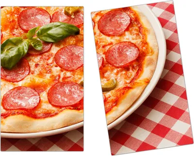 Produktbild von Spritzschutz Herdabdeckplatte Schneidebrett aus Glas Pizza mit Basilikum 2-Teilig (60x52cm)