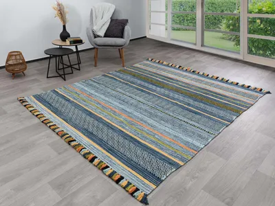Produktbild von Steffensmeier Handwebteppich Turbat | Antistatisch | 100% Baumwolle | Blau, handgewebt, Größe: 60x90 cm