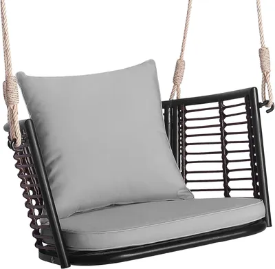 Produktbild von KOMFOTTEU PE-Rattan Hängesessel, Hängeschaukel mit Kissen & 2 robusten Hängeseilen, Rattan Gartenschaukel bis 180 kg belastbar, Hängestuhl für Terrasse, Hinterhof & Veranda (Grau)