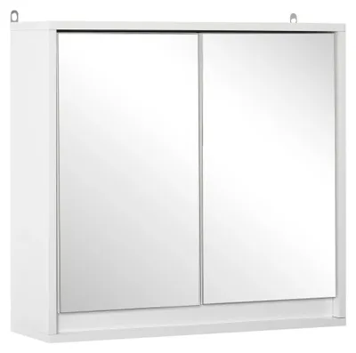 Image de Armoire de salle de bain - Meuble suspendu avec miroir - 2 portes - Étagère réglable - 48 x 14,5 x 45 cm - Blanc