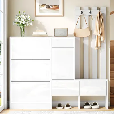 Imagen del producto de Armario para zapatos Merax de alto brillo, 7 en 1, con banco integrado, armario para abrigos con ganchos, zapatero con 3 compartimentos abatibles, 3 cajones, sistema de apertura por presión, color blanco