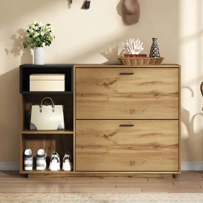 Produktbild von Schuhschrank 120x32x84,5cm aus MDF, mit 3 offenen Fächern & 2 Klappfächern,Doppelschrank, max. 50kg belastbar,Eingangsschrank, Sideboard