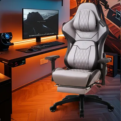 Obrázek produktu pro Herní židle – kancelářská židle – ergonomická – šedá – 4D područky – bederní opěrka – maximální nosnost 158,7 kg