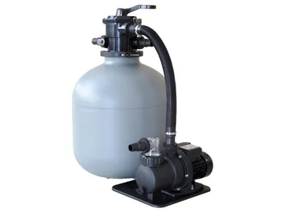 A sand filter system with a pump, isolated on a white background.