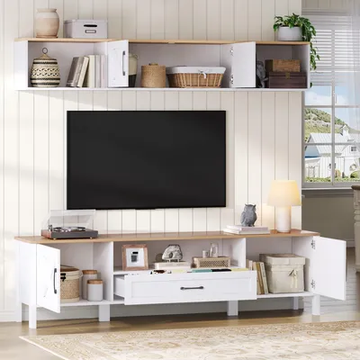 Produktbild von STILVORA TV Wohnwand-Set mit TV-Schrank und Hängender Vitrine, TV-Ständer Set mit 4 Schränken und 1 Schublade für Fernseher bis 80 Zoll, Mediawand Set platzsparendes Wohnzimmermöbel-Set in Weiß