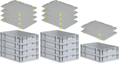Produktbild von SparSet 10x Eurobox NextGen Economy mit Auflagedeckel und 4x Schiebeschnappverschlüsse Gelb | Griffe geschlossen | HxBxT 12x40x60cm | 23 Liter | Eurobehälter, Transportbox, Transportbehälter, Stapelbehälter