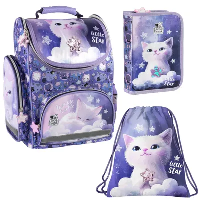 Produktbild von Schulset Katze Kätzchen 3-in-1 : Ergonomischer Rucksack, Federmäppchen mit Ausstattung und Schuhbeutel