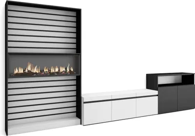 Produktbild von Wohnwand Wohnzimmer, 360x35x186cm, Für TV-Geräte bis zu 65", Elektrokamin XXL, Weiß und Schwarz