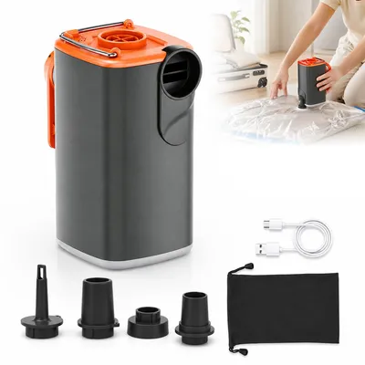 Produktbild von Camping Luftpumpe elektrisch, tragbare Akku Pumpe mit LED Campinglampe, 5 Düsen für Luftmatratze, Schwimmring und Outdoor Reisen