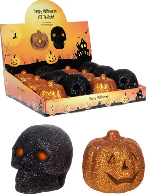 Produktbild von Halloween Kürbis + Totenkopf, 2 LED Teelichter, Halloween Pumpkin + Skull 2 LED