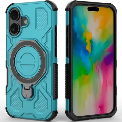 Produktbild von Robuste Handyhülle für iPhone 16 mit Ringhalter Ständer Stoßfest, Magnetisch, Dual-Layer Schutz Türkis