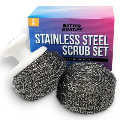 Image de Éponge abrasive et manche de brosse, en acier inoxydable de qualité marine, pour les finitions