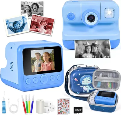 Immagine prodotto di Fotocamera per bambini Fotocamera istantanea 2,4 pollici, 30MP 1080P HD Fotocamera digitale con doppia fotocamera, stampa senza inchiostro, scheda da 32GB, custodia, regalo 3-12 anni Gioco